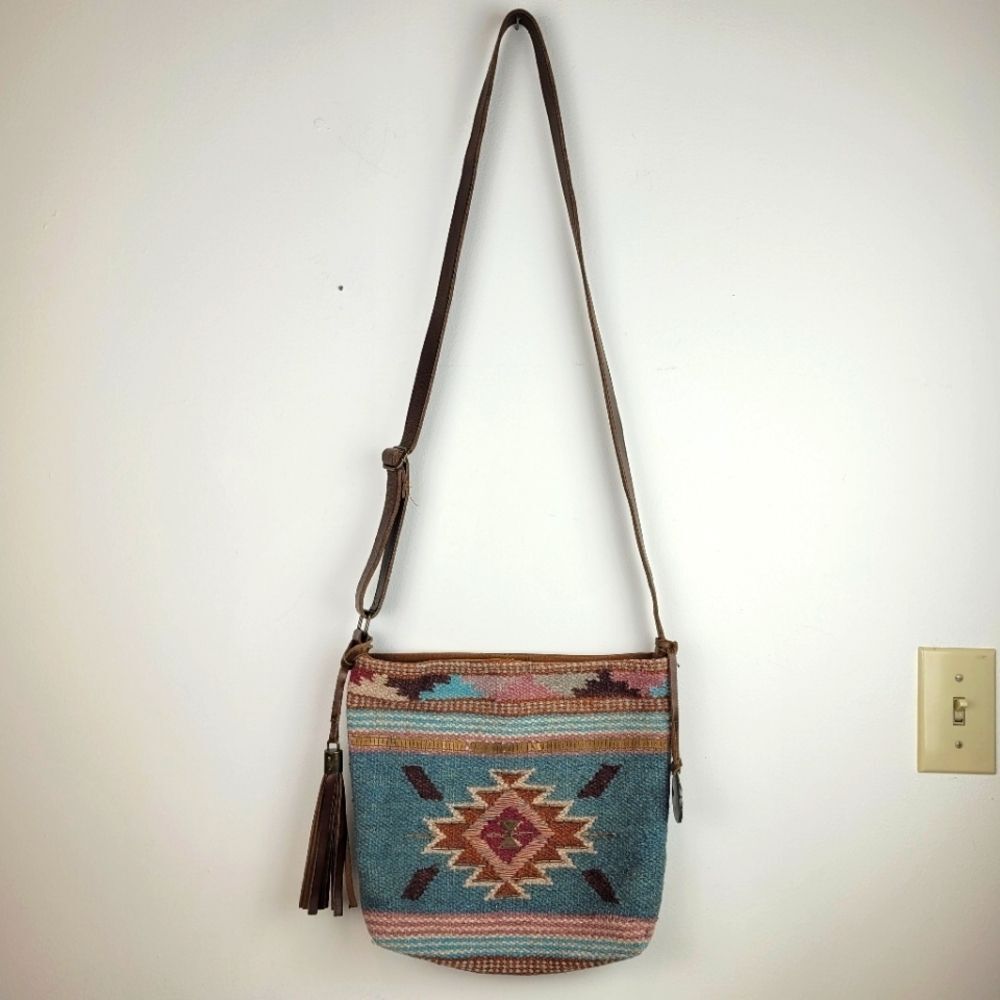 Catchfly Studio Aztec Rug Southwest Beaded Boho Aqua Brown Leather Crossbody Bag - Picture 12 of 12